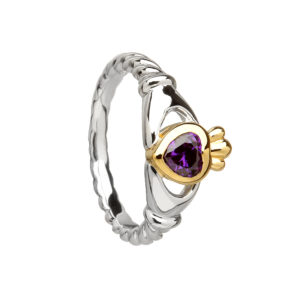 Sterling silver with gold plaited Claddagh design heart twisted knot ring cubic zirconia