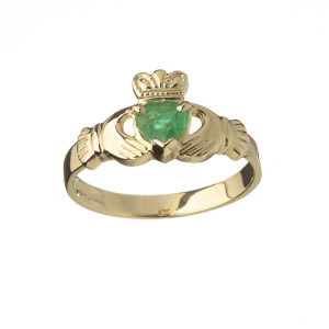 Yellow gold real natural emeralds Claddagh design ring